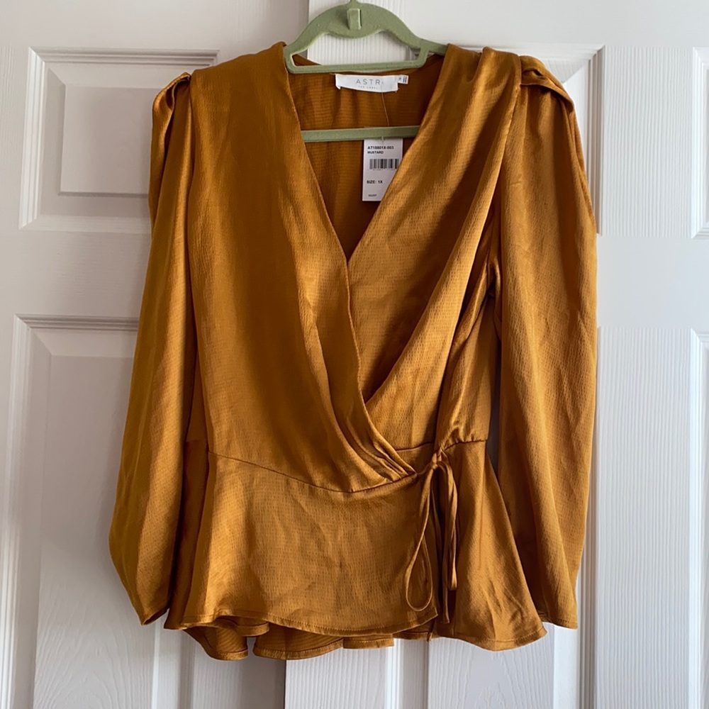 NWT ASTR Romantic Satin Peplum Mustard Blouse